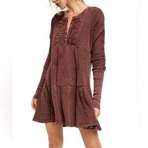 Free People Jolene thermal henley boho western mini dress, burgundy size small